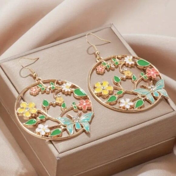 24k Gold Plated Flower Butterfly Water Drop Hoop Earrings - Picture 2 of 6